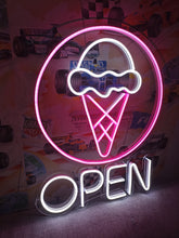 Load image into Gallery viewer, Ice cream with Open neon sign, Ice Cream Led Sign Summer vibes neon sign, Frozen delights neon sign
