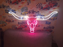 Load image into Gallery viewer, Bull skul neon sign, longhorn skull neon sign, bull skull neon light, Cow skull neon sign, Neon bull head sign, Western-themed neon sign
