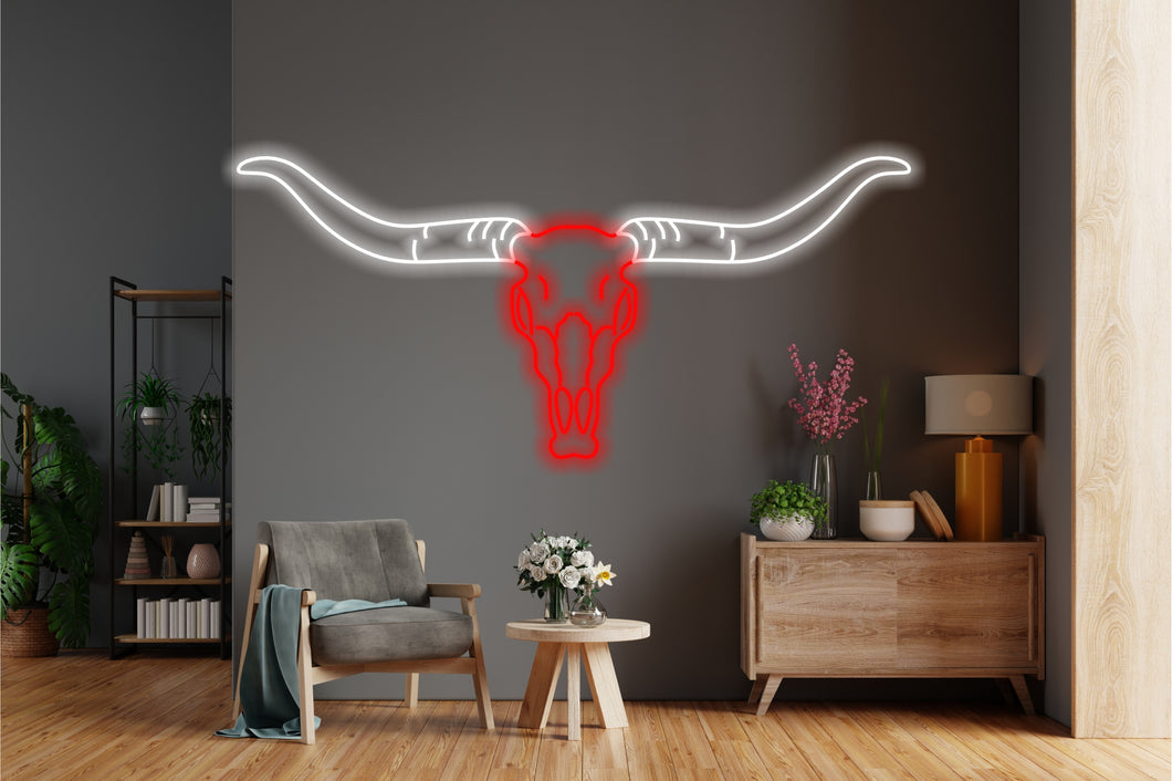 Bull skul neon sign, longhorn skull neon sign, bull skull neon light, Cow skull neon sign, Neon bull head sign, Western-themed neon sign