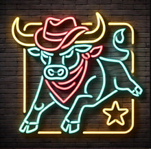 Load image into Gallery viewer, Bull head in cowboy hat neon sign, longhorn bull neon sign, cow head neon sign, chikago neon sign, rodeo neon sign
