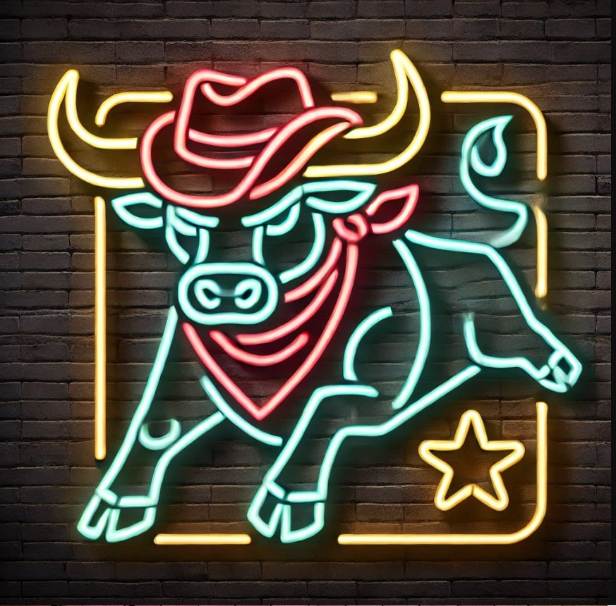 Bull head in cowboy hat neon sign, longhorn bull neon sign, cow head neon sign, chikago neon sign, rodeo neon sign