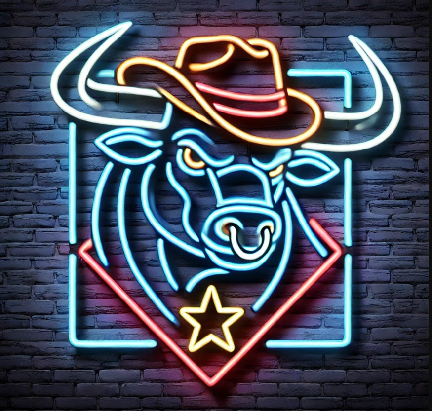 Bull head in cowboy hat neon sign, longhorn bull neon sign, cow head neon sign, chikago neon sign