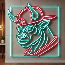 Load image into Gallery viewer, Bull head in cap neon sign, longhorn bull neon sign, cow head neon sign, chikago neon sign
