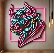 Load image into Gallery viewer, Bull head in glasses neon sign, longhorn bull neon sign, cow head neon sign, chikago neon sign
