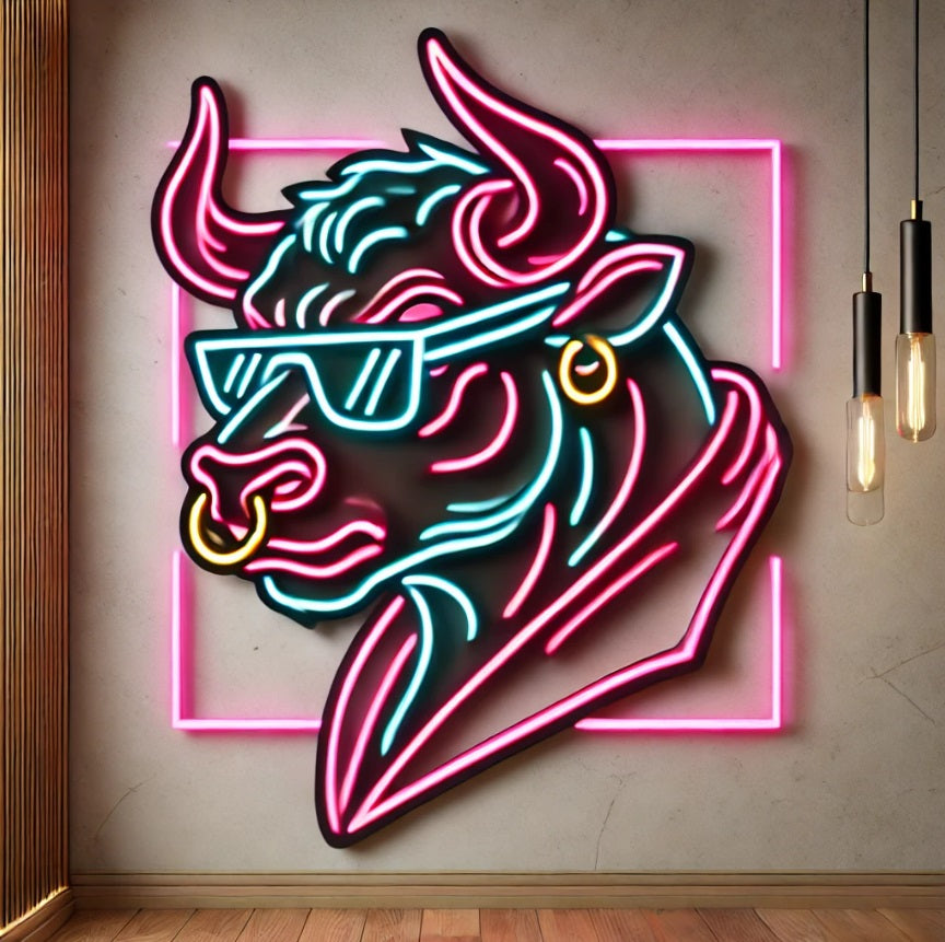 Bull head in glasses neon sign, longhorn bull neon sign, cow head neon sign, chikago neon sign