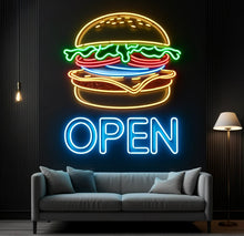 Load image into Gallery viewer, Burger Neon sign with inscription open, open hamburger Neon Sign, Fast Food neon Sign, Kitchen Wall Decor, bar neon sign
