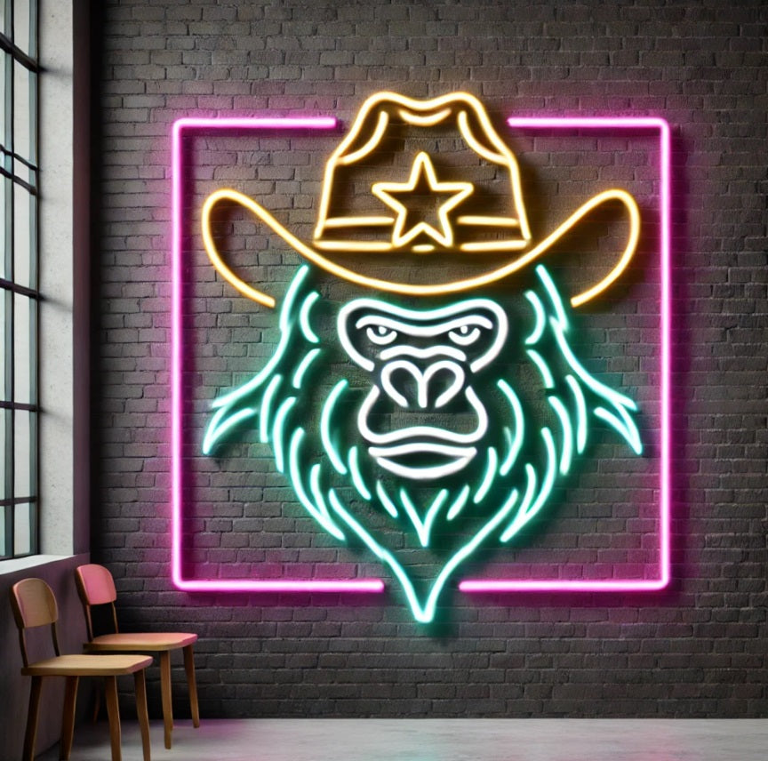 Gorilla in cowboy hat Neon  sign, Gorilla sherif neon light, Neon sign with gorilla, Monkey neon light