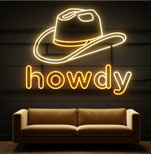 Load image into Gallery viewer, Howdy neon sign, cowboy hat sign, western led sign, North American greeting neon light, cowboy party decor led light
