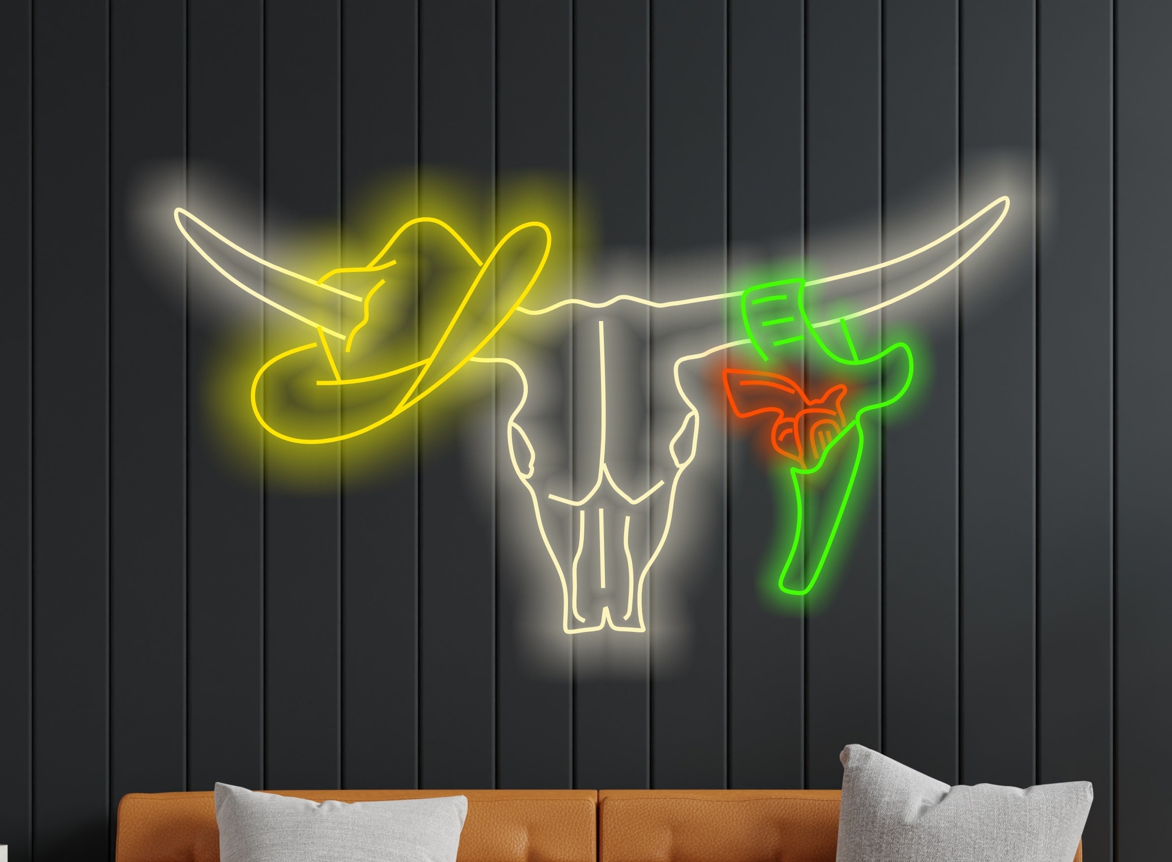 Longhorn bull neon sign, Bull skull neon sign, Cowboy hat and revolver ...