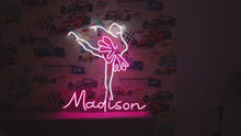 Load and play video in Gallery viewer, Ballerina silhouette neon sign, Neon sign with custom name and ballet dancer, custom Name on ballet dancer neon sign, Personalized forballet
