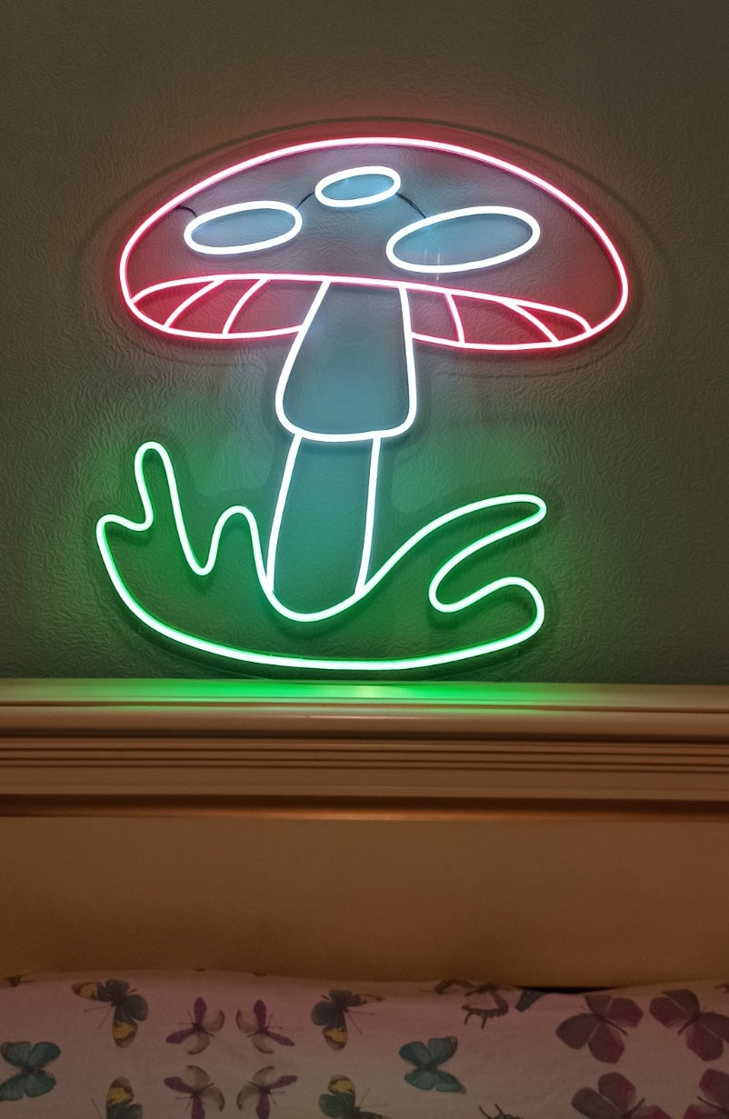 Mushroom neon sign, Fly agaric mushroom neon sign, fungus neon sign, poisonous mushroom neon sign